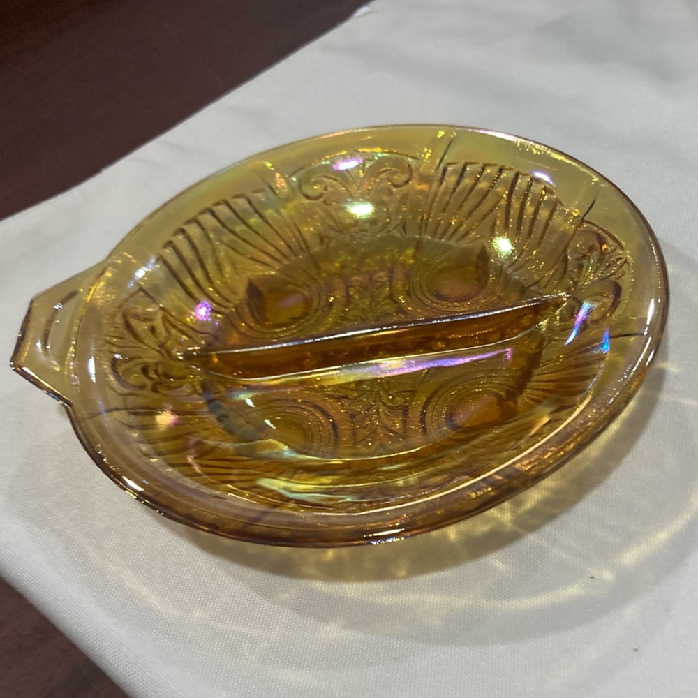 Iridescent Yellow Marigold Amber Indiana Glass Relish Dish circa 1970